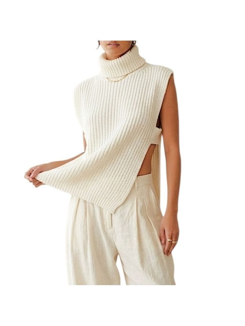 StilEstro Italy ivory cowl neck wool alpaca blend open side sleeveless sweater - Picture 1 of 14